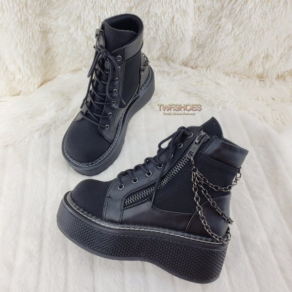 Emily Black Canvas Chain Goth 2" Platform Ankle Boots 114x - Picture 10 of 16